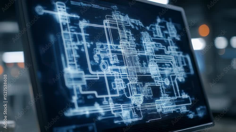 Aufkleber Engineering blueprint animation unfolding across computer monitor, visualizing complex technological design within advanced digital environment