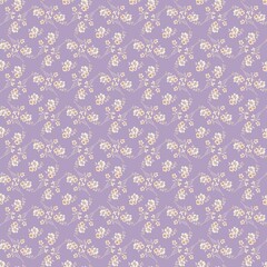 A serene pattern of delicate, small oil-painted flowers in soft peach hues against a gentle lavender background. This design evokes tranquility and elegant charm.
