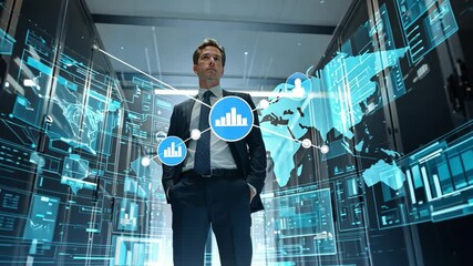 Global Network Architect: A confident businessman stands in a modern server room, holographic projections of global networks and data streams surrounding him. - Powered by Adobe