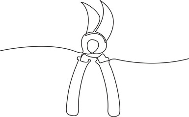 Continuous one line drawing of secateurs plant equipment. Plant scissors in single line draw Vector Illustration, Editable Stroke.