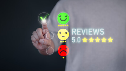 Experience interface business concept with reflect positive customer, testimonial, feedback and satisfaction survey interaction. Customer gives five star rating on a digital review system.