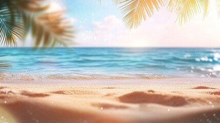 Spiaggia tropicale con palme e sabbia dorata sotto un cielo azzurro