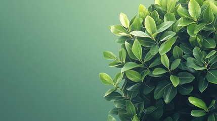Gruppo di foglie verdi su uno sfondo verde sfumato. Le foglie appaiono rigogliose e lucide, occupando la parte destra dell'immagine, mentre la parte sinistra è vuota con spazio per personalizzazioni