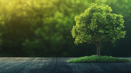 Un piccolo albero decorativo su un tavolo di legno, con uno sfondo di colore verde.