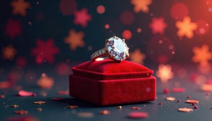 Dazzling diamond ring, red box, festive confetti backdrop, celebration, love, special occasion