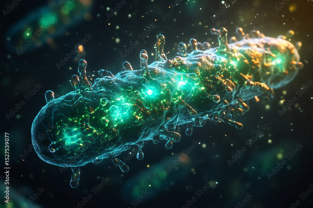 Poster generative ai illustration of microscopic bacterial forms showcasing vivid molecular structures and 