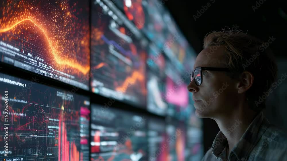 Aufkleber project manager analyzing extensive data visualization on wall mounted monitors, interactively navig