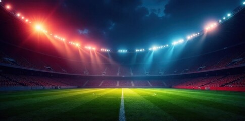 Gleaming stadium lights shining over dark empty stands , spectator, baseball, sky
