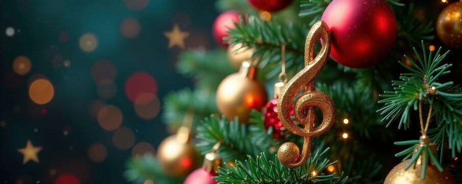 Ornate music note Christmas tree, glittering ornaments , holiday season, winter holiday, abstract