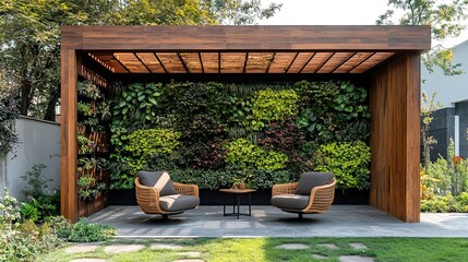 Modern structure with wooden framing and two chairs, set against vibrant green living wall in outdoor space.