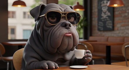 Cool Bulldog Enjoying Coffee in a Cafe 3D Rendered Illustration