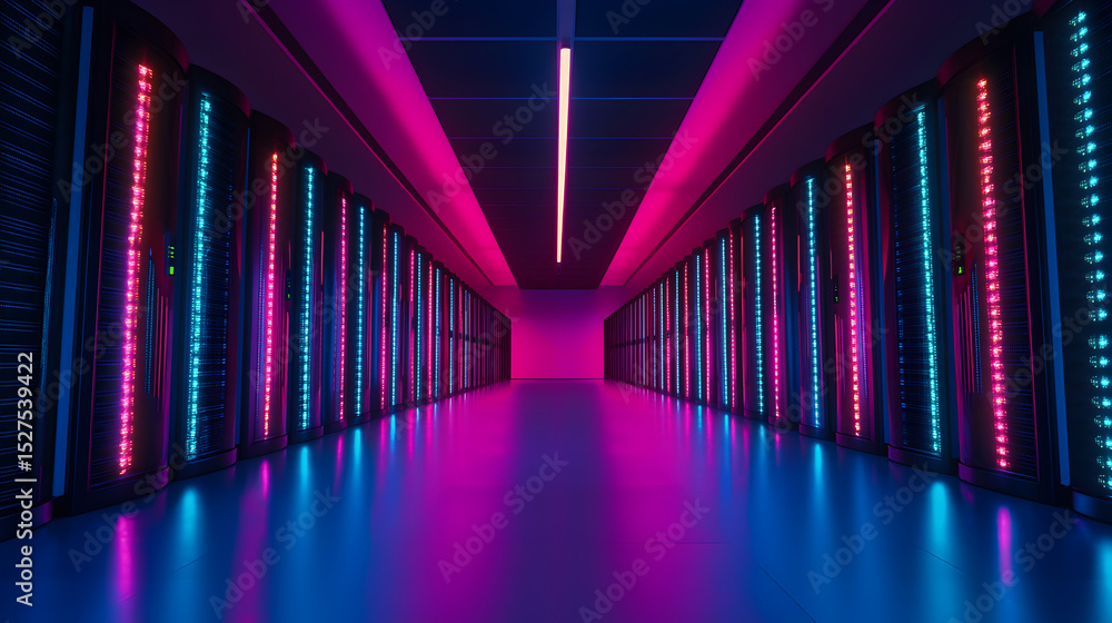 Poster a futuristic data center with rows of servers illuminated by vibrant pink and blue lights, creating 
