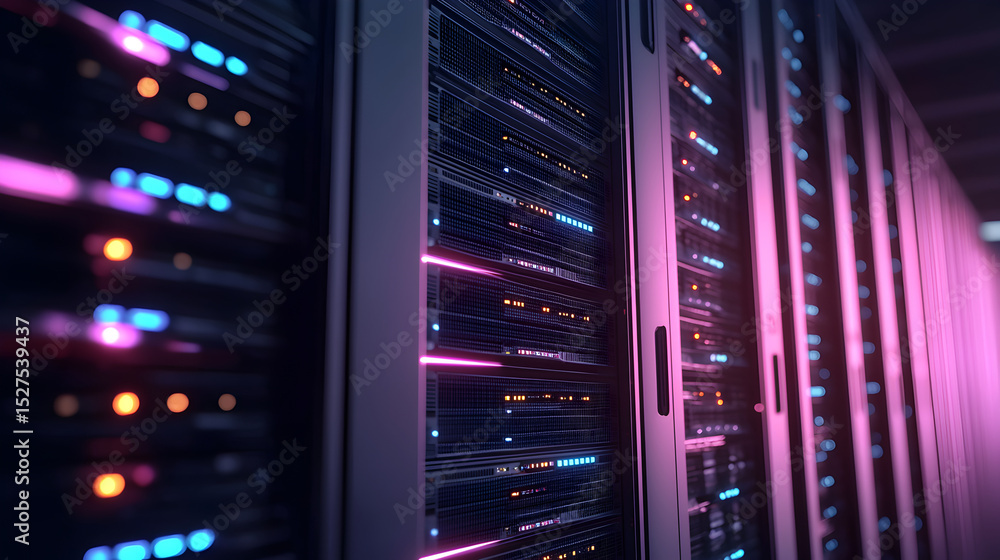Poster a close-up of server racks illuminated by colorful led lights, showcasing the intricate technology o