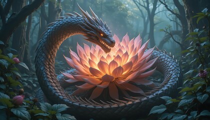 Mystical Dragon and Glowing Lotus in Enchanted Forest Digital Fantasy Art
