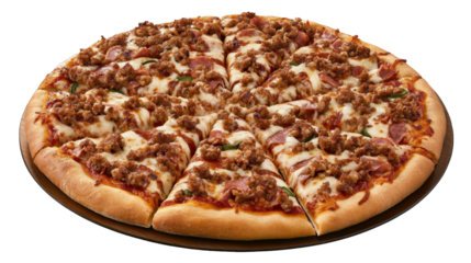 Sliced Pizza Topped with Savory Meat and Cheese on a Crisp Crust with Transparent Background