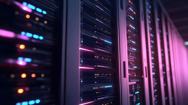 A close-up of server racks illuminated by colorful LED lights, showcasing the intricate technology of data storage and processing.