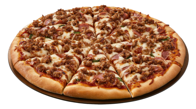 Sliced Pizza Topped with Savory Meat and Cheese on a Crisp Crust with Transparent Background
