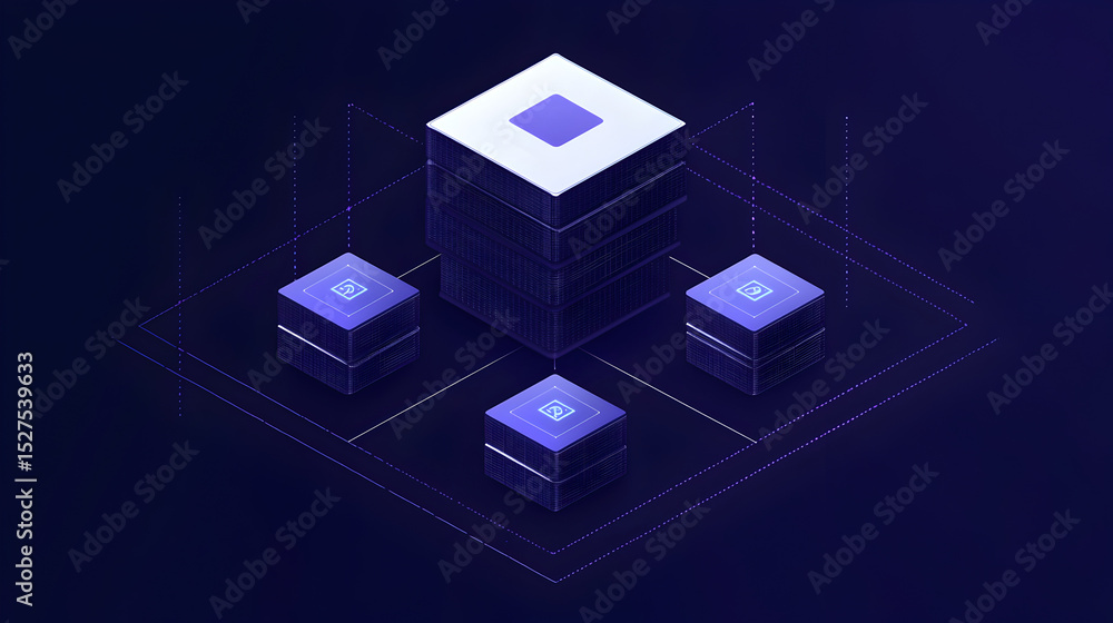 Poster a digital illustration of interconnected data servers in an abstract design featuring blue and purpl