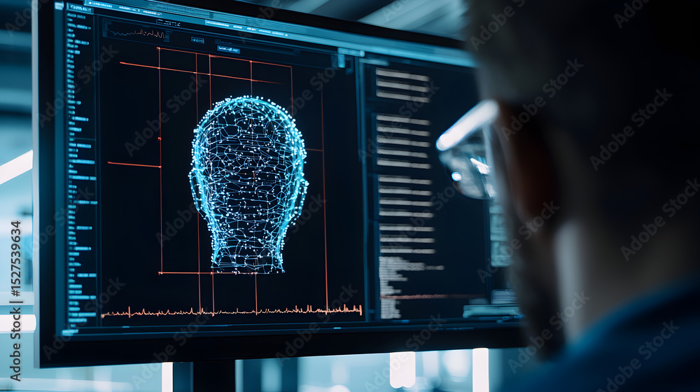 Poster a computer screen displays a digital representation of a head, showcasing technology and data analys