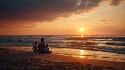 Father and kids share peaceful moment by the ocean sunset during a touching and joyful Father's Day celebration