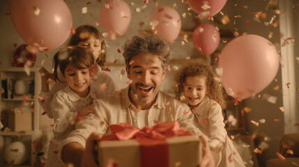 Happy dad opens surprise gift surrounded by joyful kids and bright balloons in heartfelt Father's Day family moment