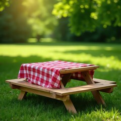 Rustic wooden picnic table, red & white checkered cloth, wood, outdoor