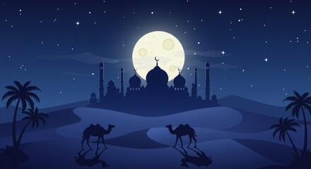 Naklejka premium Desert scenes with camels under starry skies and mosque silhouettes. Cultural, travel, and adventure themes. Realistic, illustrative, and vector styles in vibrant blue and gold hues