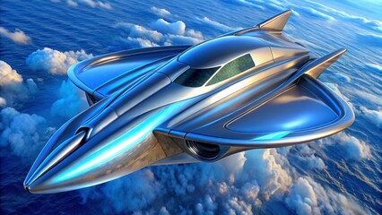 Advanced futuristic spacecraft soaring above clouds in a vibrant sky during daytime