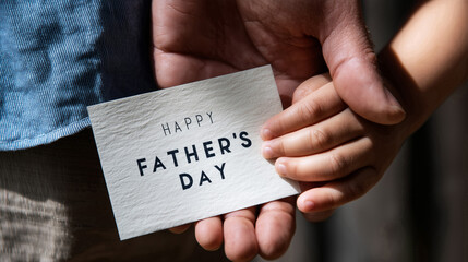A close-up of a father hands holding a child hand gently with a Happy Father's Day card