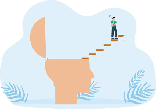 motivation or progress and Personal development or personal growth, self-improvement to develop mindset and knowledge or skills for success, entrepreneur building a ladder growing from his head.