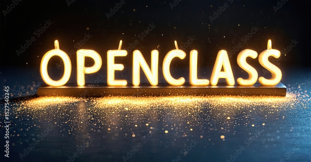 Poster Bright, glowing OPENCLASS text sits atop shimmering surface. Dark background emphasizes illumination, creating dramatic effect.