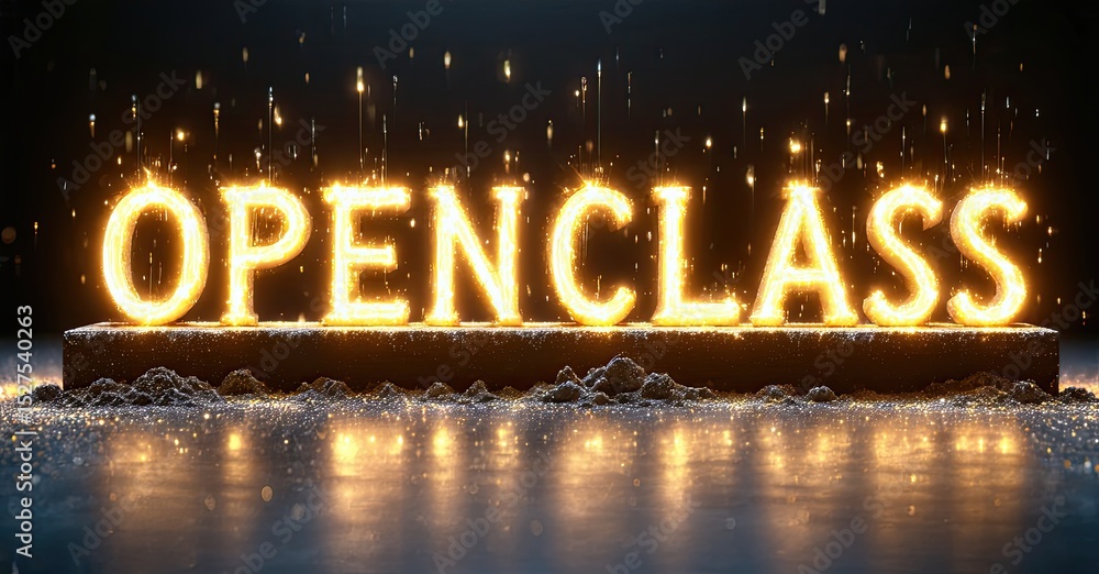 Poster bright golden openclass text glows above reflective surface. sparks fall around illuminated letterin