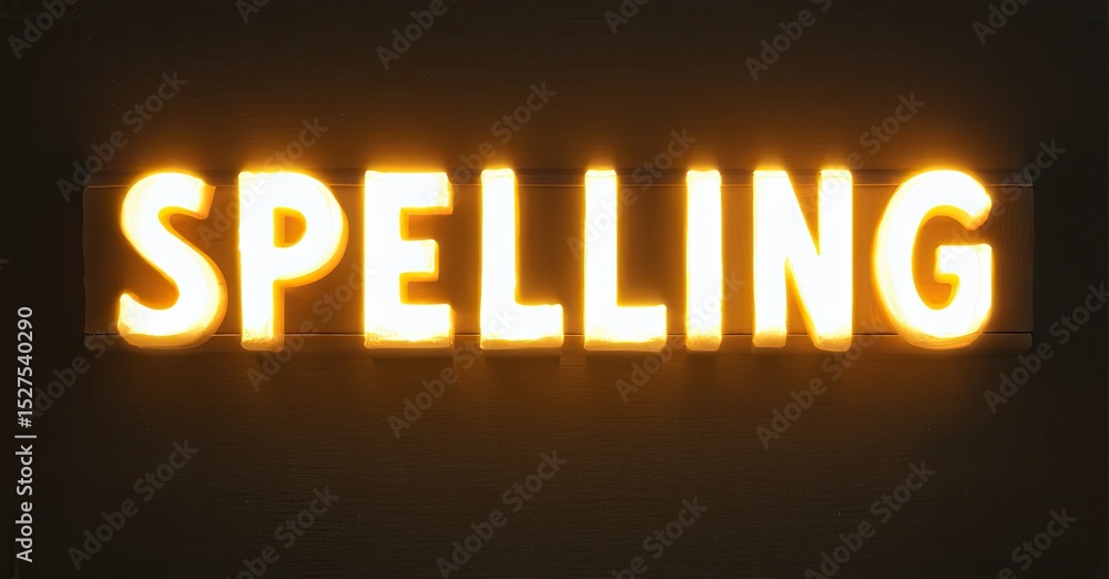 Poster bright neon sign displays word spelling. dark background emphasizes glowing letters, creating dramat
