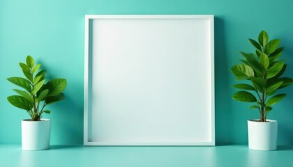 Teal backdrop, white-framed minimalist art display, decor, wall decor, photography
