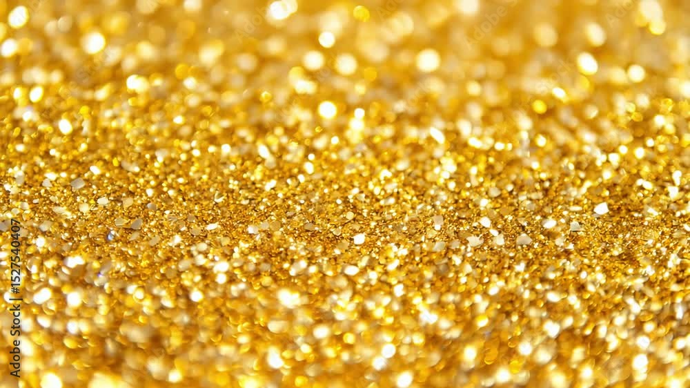 Poster golden glitter sparkles intensely in bright light, creating a dazzling display of textures and refle