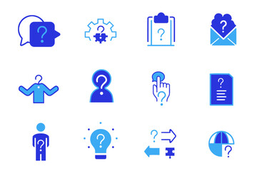 Question related solid filled icon set. Puzzle, confused man, question mark, problem, confusion, asking and questioning and survey symbol icons. Icons vector collection