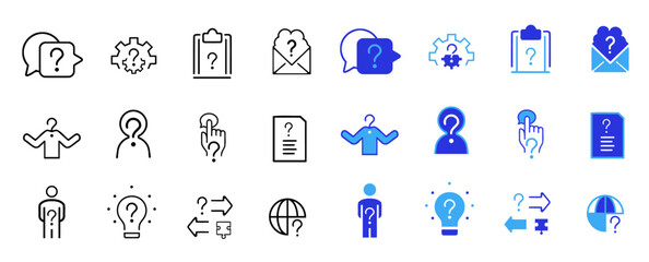 Question related solid line icon set. Puzzle, confused man, question mark, problem, confusion, asking and questioning and survey symbol collection. Icons vector collection
