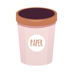 Vector illustration of trash bin, pink with brown rim and lettering, paper.