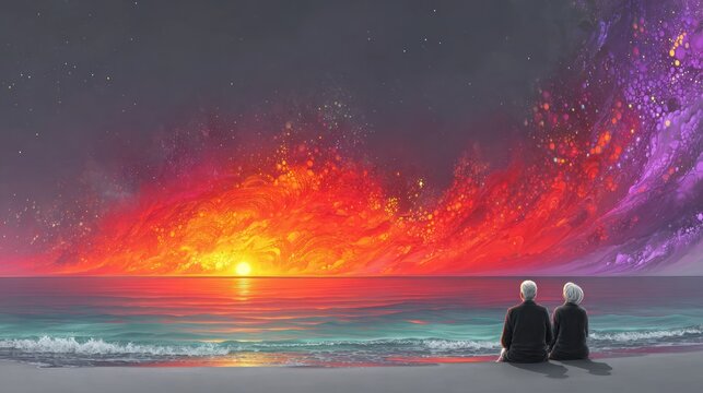 Couple watches vibrant sunset over ocean - Powered by Adobe