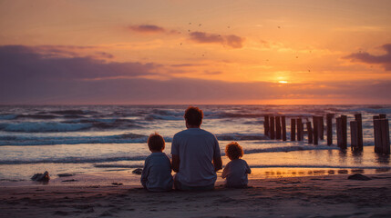 Emotional sunset beach view with dad and children bonding on Father's Day in a warm and peaceful golden light