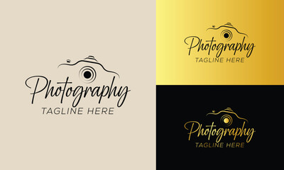 camera logo, modern and luxury photography golden signature logo icon vector