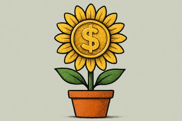 Obraz premium Growing Money Concept Dollar Sign Sunflower in Pot