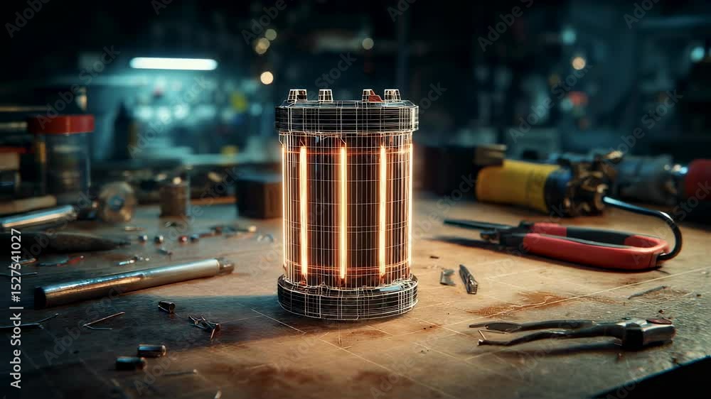 Poster orange light emanates from a cylindrical device with a wireframe mesh exterior, resting on a wooden 