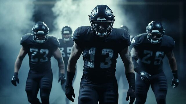 A group of American football players in black uniforms walking towards the camera through intense smoke