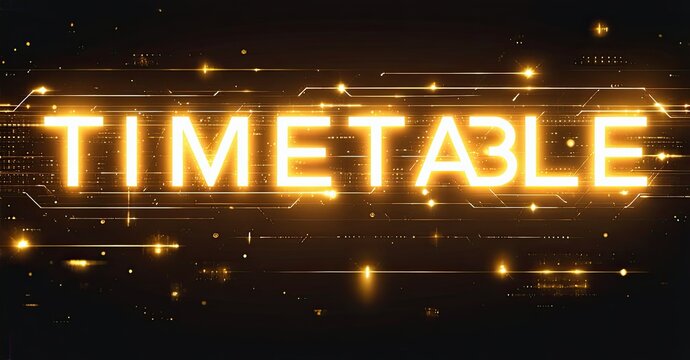 Bright text spells timetable over dark background. Lines, sparks create futuristic, glowing effect. Simple design, bold letters.
