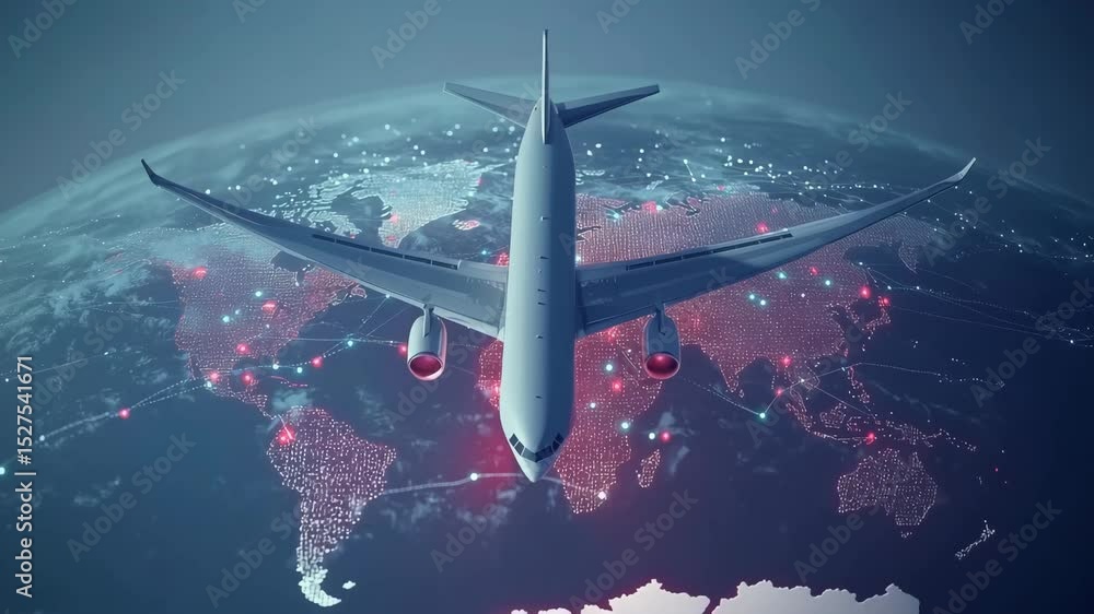 Poster an airplane is navigating over a detailed global map filled with vibrant routes and connections, dem