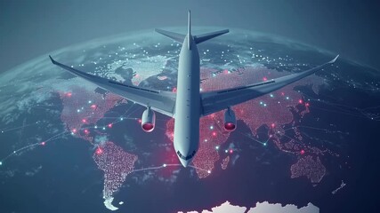 An airplane is navigating over a detailed global map filled with vibrant routes and connections, demonstrating a dynamic view of aviation networks - Powered by Adobe
