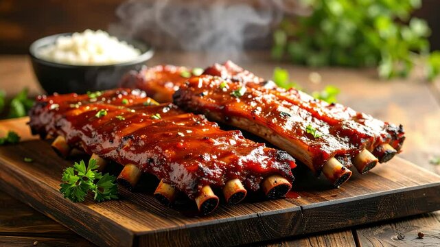 Delicious barbecued pork ribs on a wooden cutting board, coated in a sticky, spicy sauce.