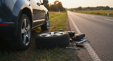 Flat tire being repaired beside the road during golden hour  