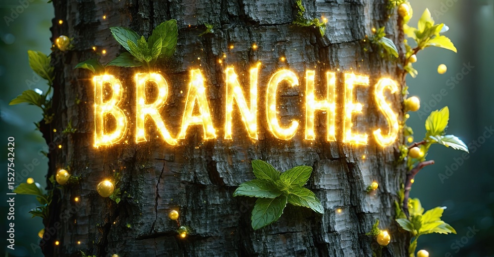 Poster glowing text spells branches embedded within tree bark. lush greenery surrounds bright illumination.